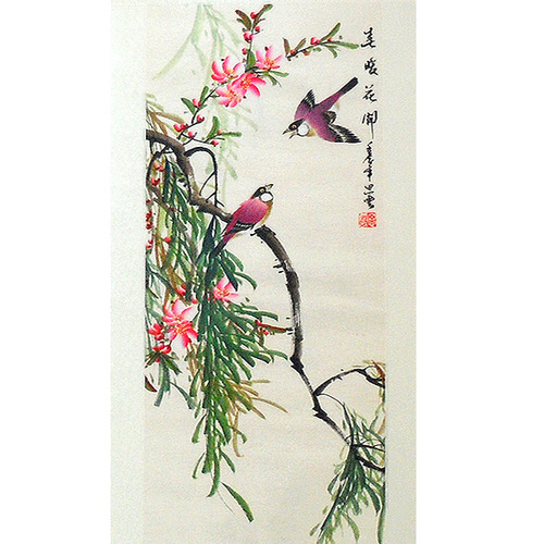 분홍 꽃 보라색 새 족자 (101.5cm x 30cm)/새그림/족자/풍수인테리어/화조도/새족자