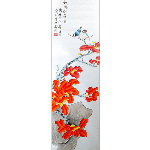 푸른 새 단풍잎 족자/화조도 동양화 꽃그림 