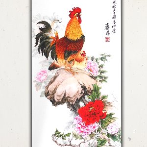 대형 재물들어오는 목단 닭그림 목단그림 모란그림