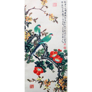 동백꽃 녹색새 두마리(45cm x 143cm)/풍수에좋은그림