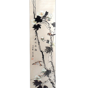 연두색꽃 참새두마리 족자 164 x 40 화조도 새그림